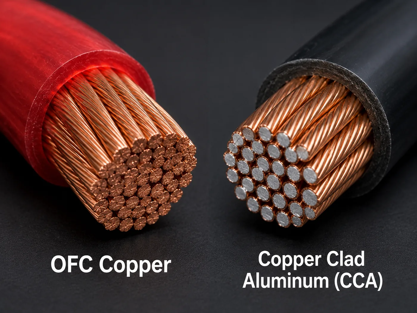 OFC copper versus copper-clad aluminum (CCA) power and speaker wire, strands exposed