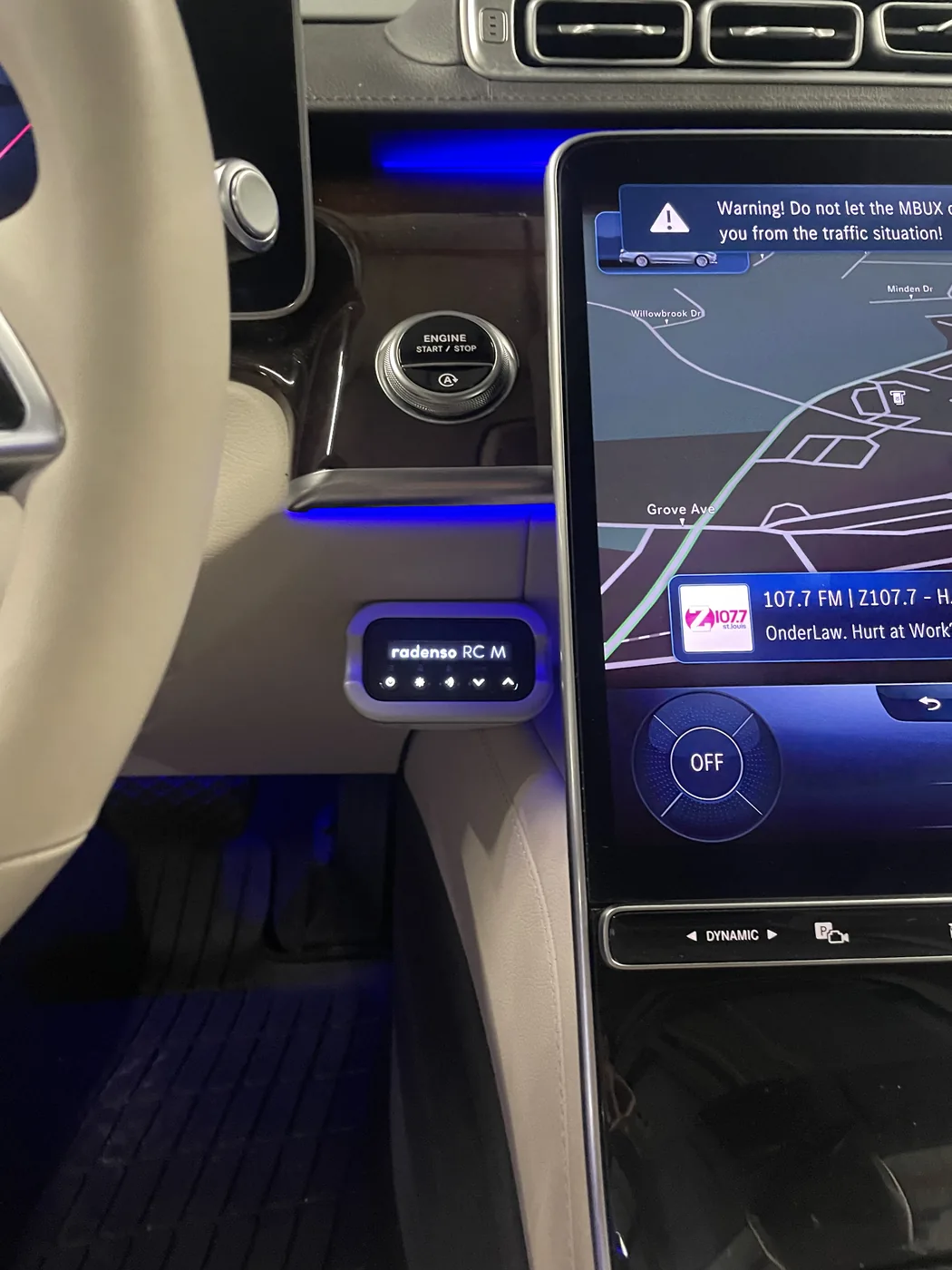 Radenso RC M radar detector control custom-installed in a Mercedes-Benz console by Xclusive Autosound