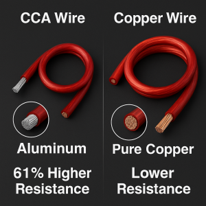 CCA wire vs Copper wire comparison showing aluminum-based CCA strands versus pure copper OFC strands and their electrical performance differences.